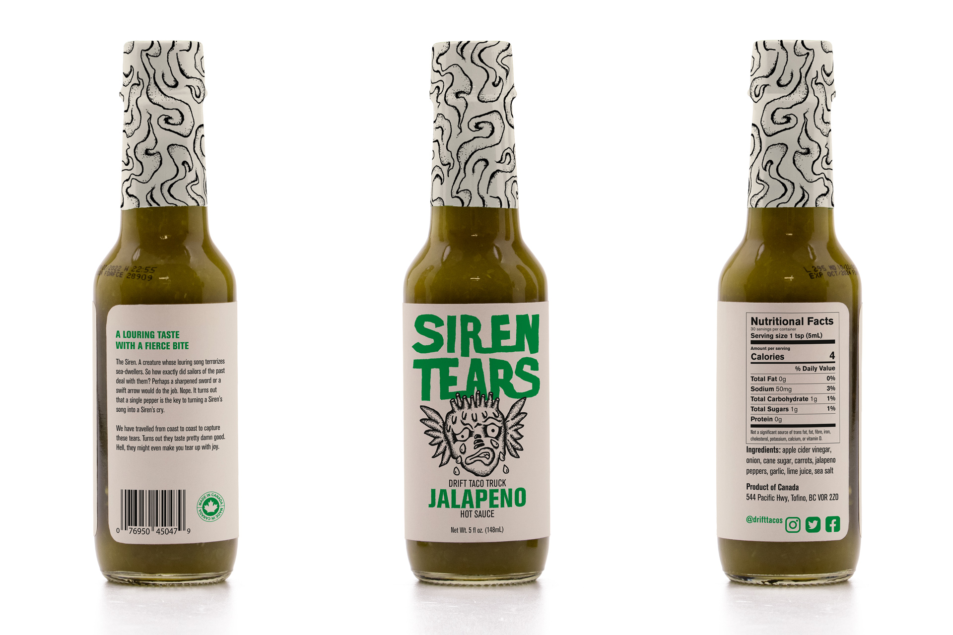 The Jalapeno hot sauce with the front and back turned,showcasing the full packaging spread.